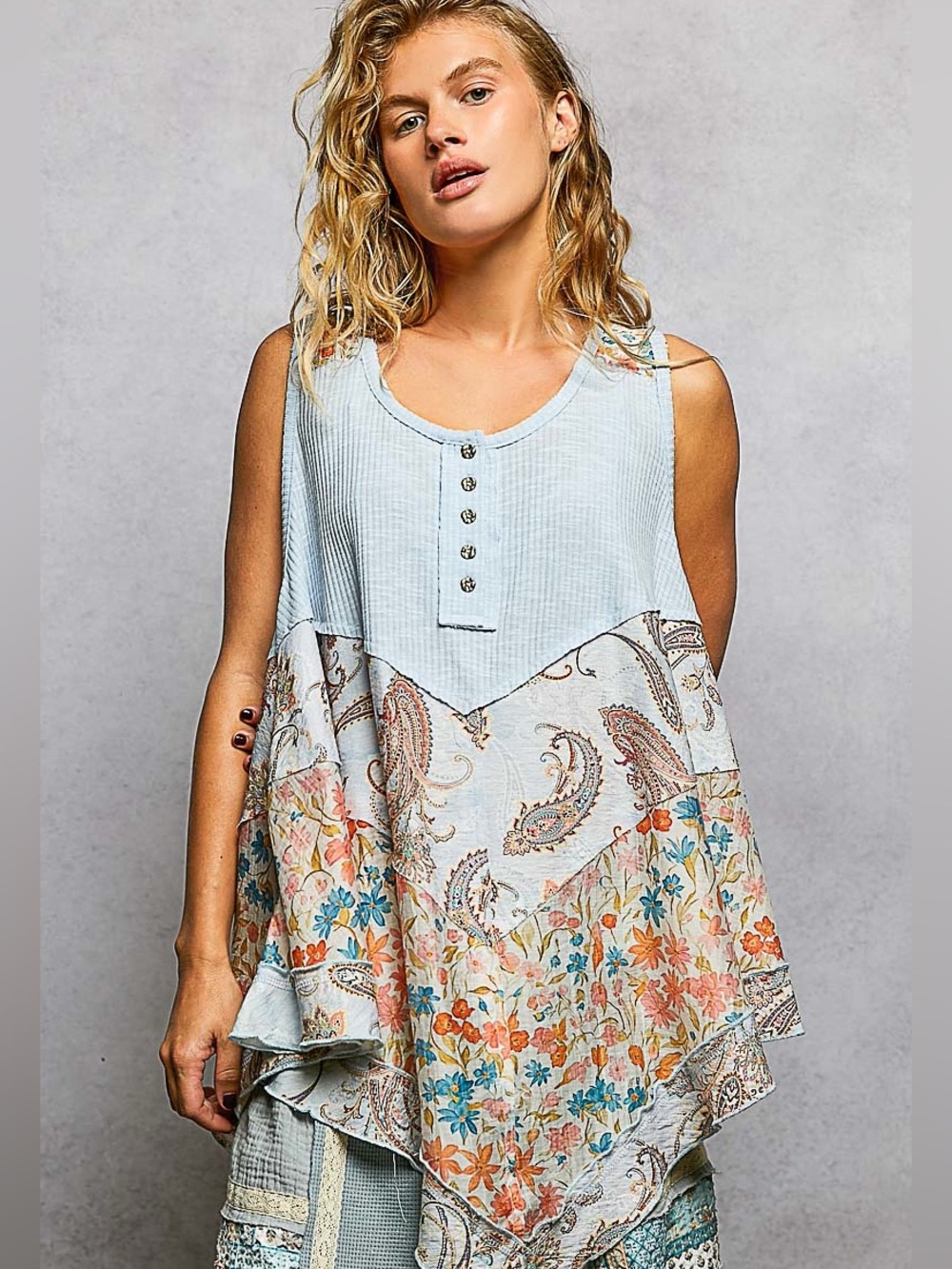 POL Boho Floral Patchwork Sleeveless Tunic Top - Light Blue